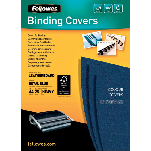 Fellowes omslagen, ft A4, karton lederlook, 250 micron, pak van 25 stuks, blauw